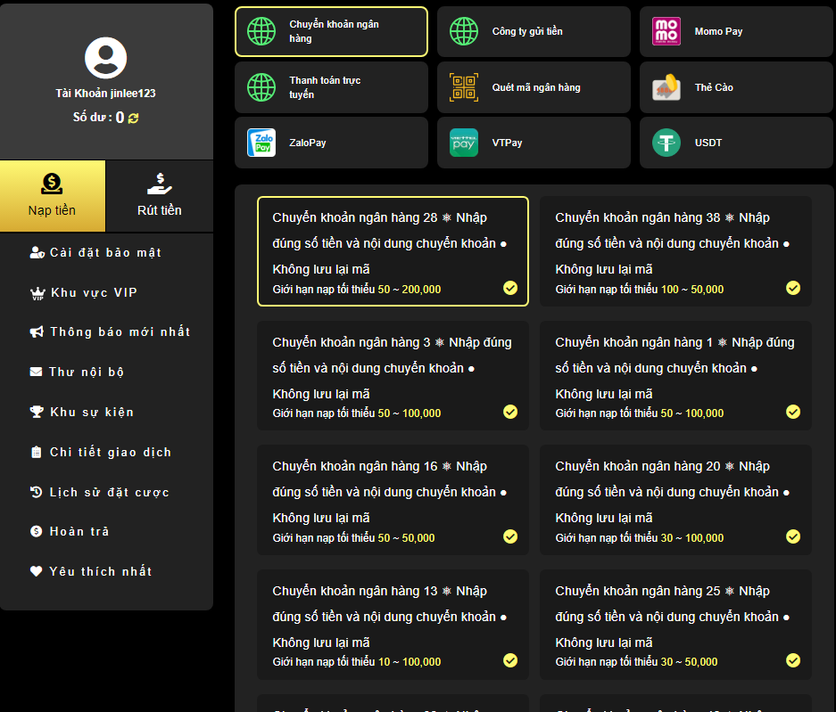 Chọn hình thức nạp tiền king88